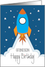 Hand Lettered Birthday For Grandson with Blue and Orange Rocket Ship card
