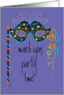 Hand Lettered Mardi Gras Invitation with Colorful Polka Dot Party Mask card
