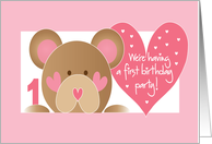 First Birthday Party Invitation for Girl with Bear and Hearts card