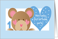 First Birthday Party Invitation for Boy with Bear and Hearts card