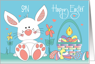 Hand Lettered Easter for Son White Bunny and Easter Egg Basket card