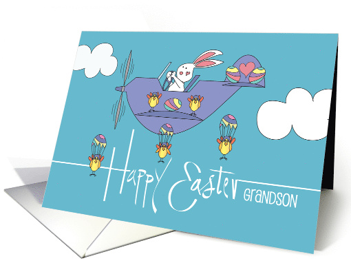 Easter for Grandson with Bunny in Airplane and Parachuting Chicks card