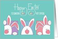 Hand Lettered Easter with White Bunnies and Decorated Easter Eggs card