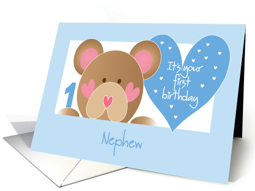 First Birthday for Nephew, Teddy Bear, Hearts and Hand Lettering card