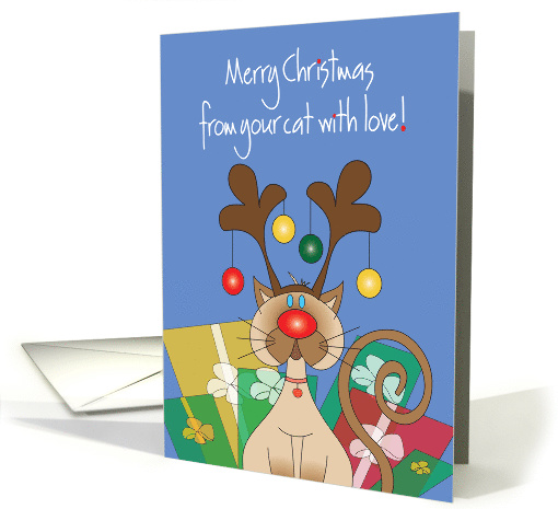 Christmas From Pet Cat with Reindeer Antlers and Ornaments card