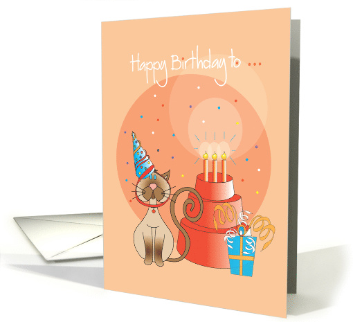 Happy Birthday To Pet Cat with Party Hat and Cat Dish Cake card