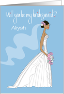 Hand Lettered Be my Bridesmaid Black Haired Bride with Custom Name card