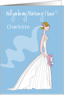 Hand Lettered Be my Matron of Honor Bride with Veil and Custom Name card