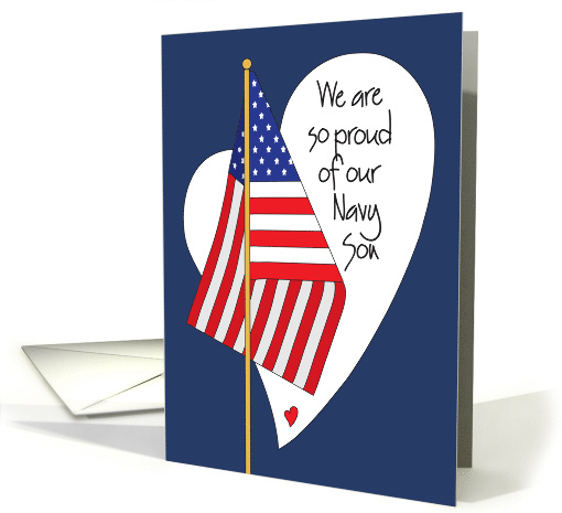 Birthday for Navy Son, American Flag, Heart and Hand Lettering card