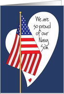 Birthday for Navy Son, American Flag, Heart and Hand Lettering card