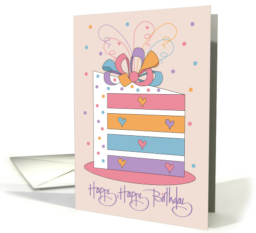 Hand Lettered Slice of Rainbow Birthday Cake with Hearts and Bow card