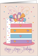 Hand Lettered Slice of Rainbow Birthday Cake with Hearts and Bow card