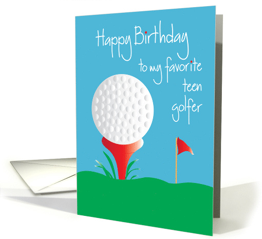 Birthday for Teen Golfer with Dimpled White Golf Ball and Red Tee card