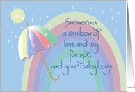 Baby Shower for Mother and Twin Boys with Rainbow and Umbrella card