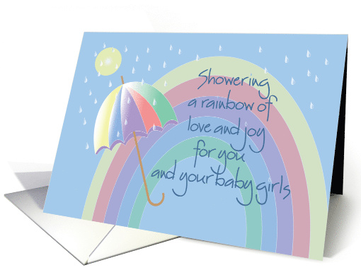 Baby Shower for Mother and Twin Girls with Rainbow and Umbrella card