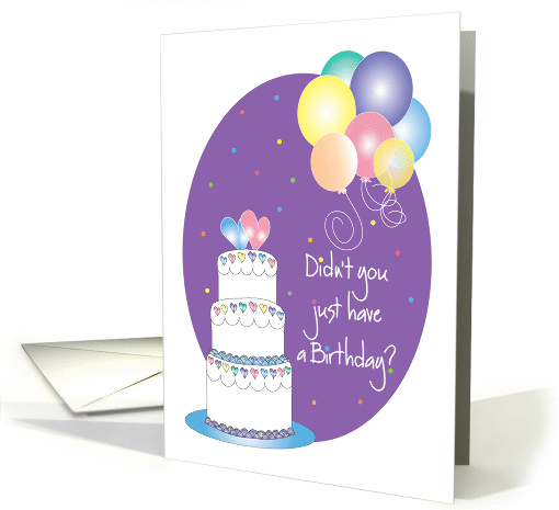 Belated Birthday, with Tiered Cake and Colorful Balloons card