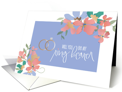 Hand Lettered Be My Ring Bearer with Wedding Rings and Flowers card