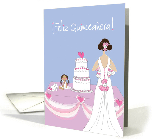 Feliz Quinceaera Birthday with Gown, Cake, High Heels and Doll card