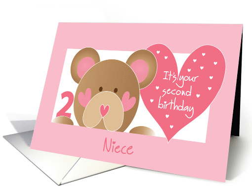 Birthday Two Year Old Niece, Teddy Bear, Hearts & Hand Lettering card