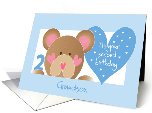 Birthday 2 Year Old Grandson, Teddy Bear, Hearts & Hand Lettering card