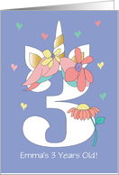 Unicorn Birthday for 3 Year Old Large Number Three and Unicorn Horn card