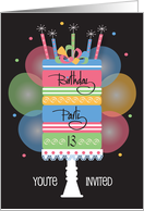 Hand Lettered 13th Birthday Party Invitation Stacked Cake and Balloons card