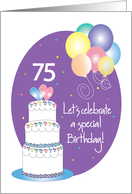 Hand Lettered 75th Birthday Party Invitation Cake, Hearts & Balloons card
