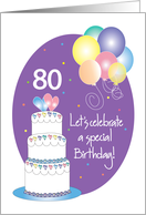 Hand Lettered 80th Birthday Party Invitation Cake, Hearts & Balloons card