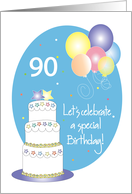 Hand Lettered 90th Birthday Party Invitation Cake, Stars & Balloons card