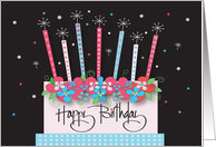 Hand Lettered Birthday, Floral Cake, Decorated Sparkling Candles card