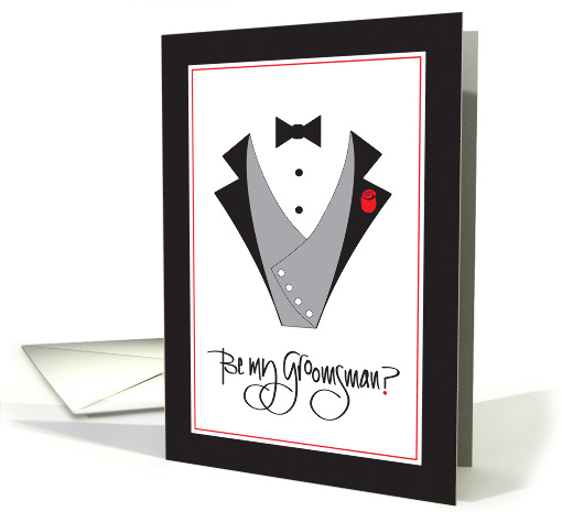 Hand Lettered Invitation for Groomsman Tuxedo Vest and Red Rose card