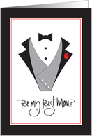 Hand Lettered Invitation Be My Best Man Vested Tuxedo with Red Rose card