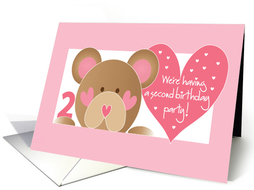 Invitation for 2nd Birthday Party with Teddy Bear and Pink Hearts card