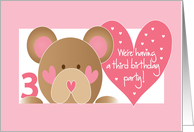 Invitation for 3rd Birthday Party with Teddy Bear and Pink Hearts card