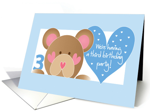 Invitation for 3rd Birthday Party with Teddy Bear and Blue Hearts card