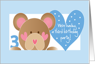 Invitation for 3rd Birthday Party with Teddy Bear and Blue Hearts card