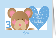 Birthday Card for Son’s 3rd Birthday, Teddy Bear and Blue Hearts card
