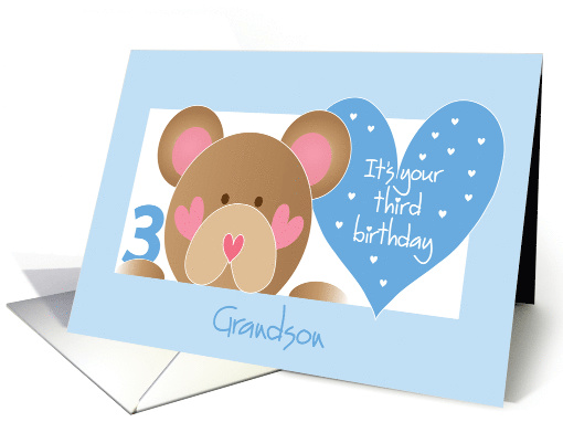Birthday for Grandson's 3rd Birthday, Teddy Bear and Hearts card