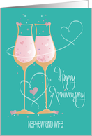 Anniversary for Nephew and Wife, Teal Champagne Glasses & Hearts card