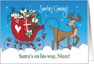 Christmas for Niece, Santa’s Coming Red Sleigh with Wrapped Gifts card