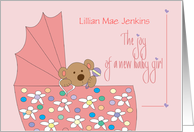 Hand Lettered New Baby Girl Bear in Bassinette with Custom Name card