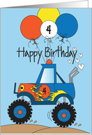 Hand Lettered Monster Truck Birthday for 4 Year Old Boy with Balloons card