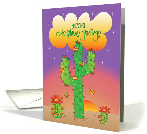 Arizona Christmas Greetings, Saguaro with Ornaments in Sunset card