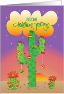 Arizona Christmas Greetings, Saguaro with Ornaments in Sunset card