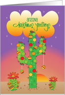 Arizona Christmas Greetings, Saguaro with Ornaments in Sunset card