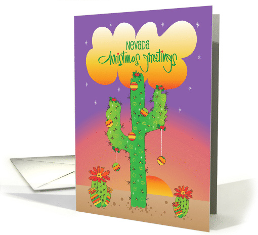 Nevada Christmas Greetings, Saguaro with Ornaments at Sunset card