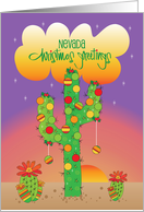 Nevada Christmas Greetings, Saguaro with Ornaments at Sunset card