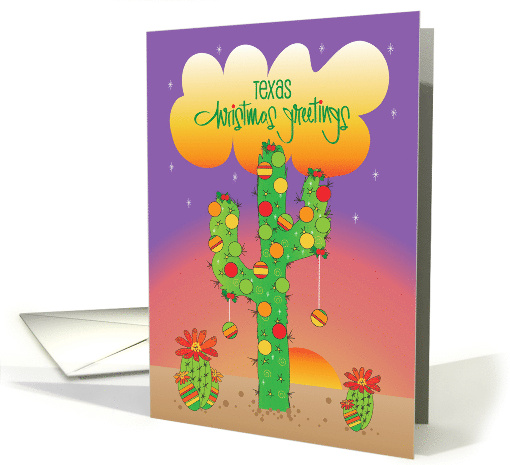 Texas Christmas Greetings, Saguaro with Ornaments with Sunset card