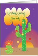 Texas Christmas Greetings, Saguaro with Ornaments with Sunset card