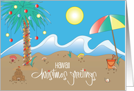 Christmas Greetings from Hawaii, with Decorated Palm Tree on Beach card